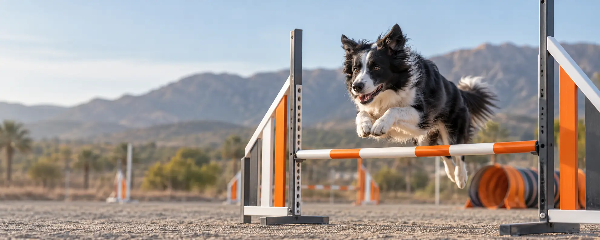 Perro border collie en pleno salto sobre un obstáculo naranja y blanco de agility